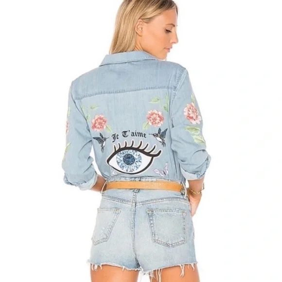 RARE! Lauren Moshi Sloane Love You Forever long-sleeve button-up denim shirt S - Picture 2 of 7